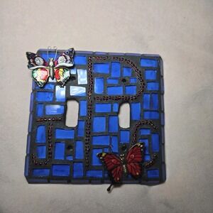 Mosaic Double Light Switch Cover Blue Glass Tile Butterfly Beaded Decor